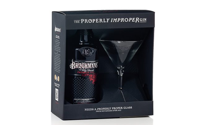 The Brockmans Gin gift pack includes a 750ml bottling of Brockmans Gin, a Martini glass and a QR code for access to cocktail recipes.