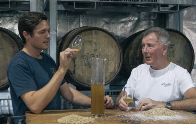 Co founders Jim McEwan and Eddie Brook sample Cape Byron's whisky
