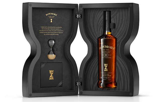 Bowmore 33YO Timeless whisky bottle in an hourglass-shaped box