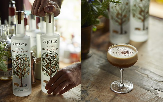Sapling Spirits x The Pig collaboration - coffee vodka bottles and an espresso martini