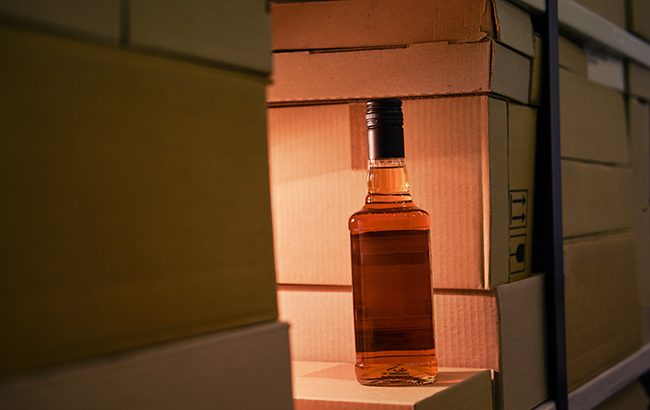 Alcohol in stock with boxes for delivery to customers and stores