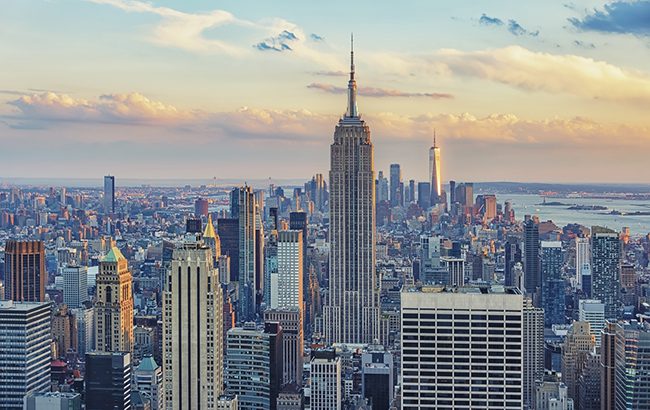 The skyline of New York City, in the US