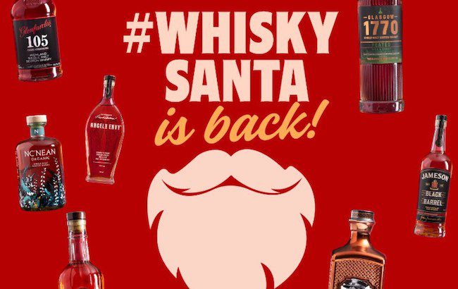 A graphic with spirits bottles and a Santa beard