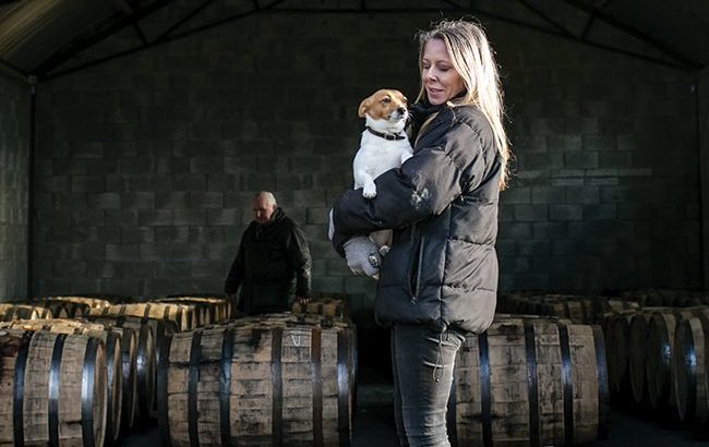 Louise McGuane JJ Corry Whiskey Bonder and Ruby the dog