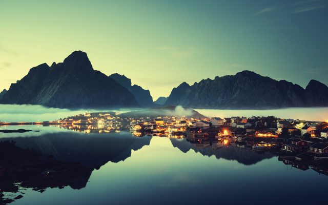 nordics : mist in sunset time Reine Village, Lofoten Islands, Norway