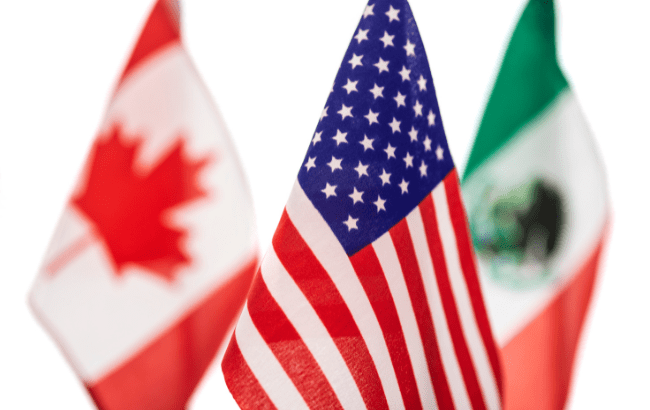 US Mexico Canada flags, tariffs