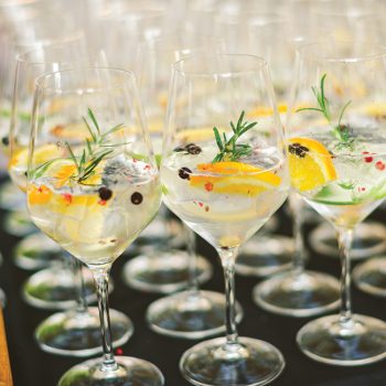 Gin tonic cocktails with lime and blueberries