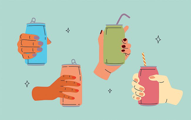 Hands with hard seltzers in aluminum cans with no labels. Beverages in metal s. Cartoon templates with place for text. Vector design.
