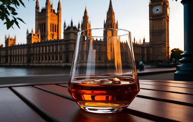 Glass of whisky outside UK parliament