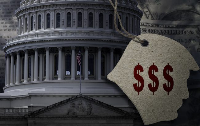 A graphic of the capitol building and Trump's silhouette. The president's latest tariffs stand to greatly impact the entire spirits industry.