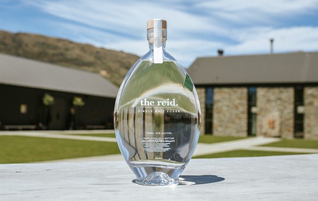 A bottle of The Reid single malt vodka outside Cardona Distillery in New Zealand