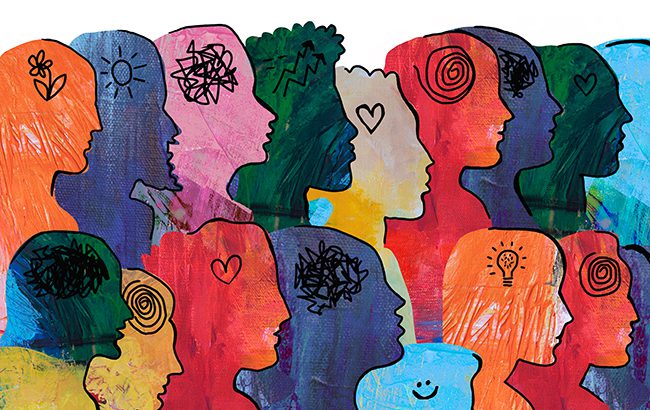 Large Group of diverse people profile view hand drawn, with different emotional / mental states and thoughts.