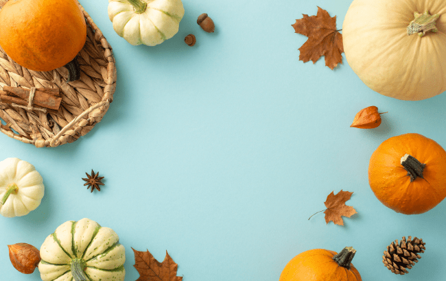 Autumn pumpkins, leaves, acorns and pinecones