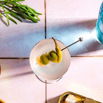 The Dirty Sartini is topped with an anchovy-stuffed gilda