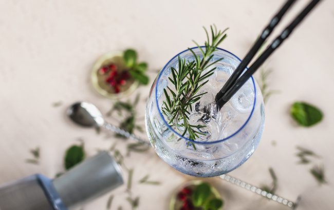 Decorated Gin Soda with a Rosemary Leaf on a wooden desk