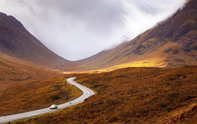 Winding road through the Scottish highlands in autumn, Scotch